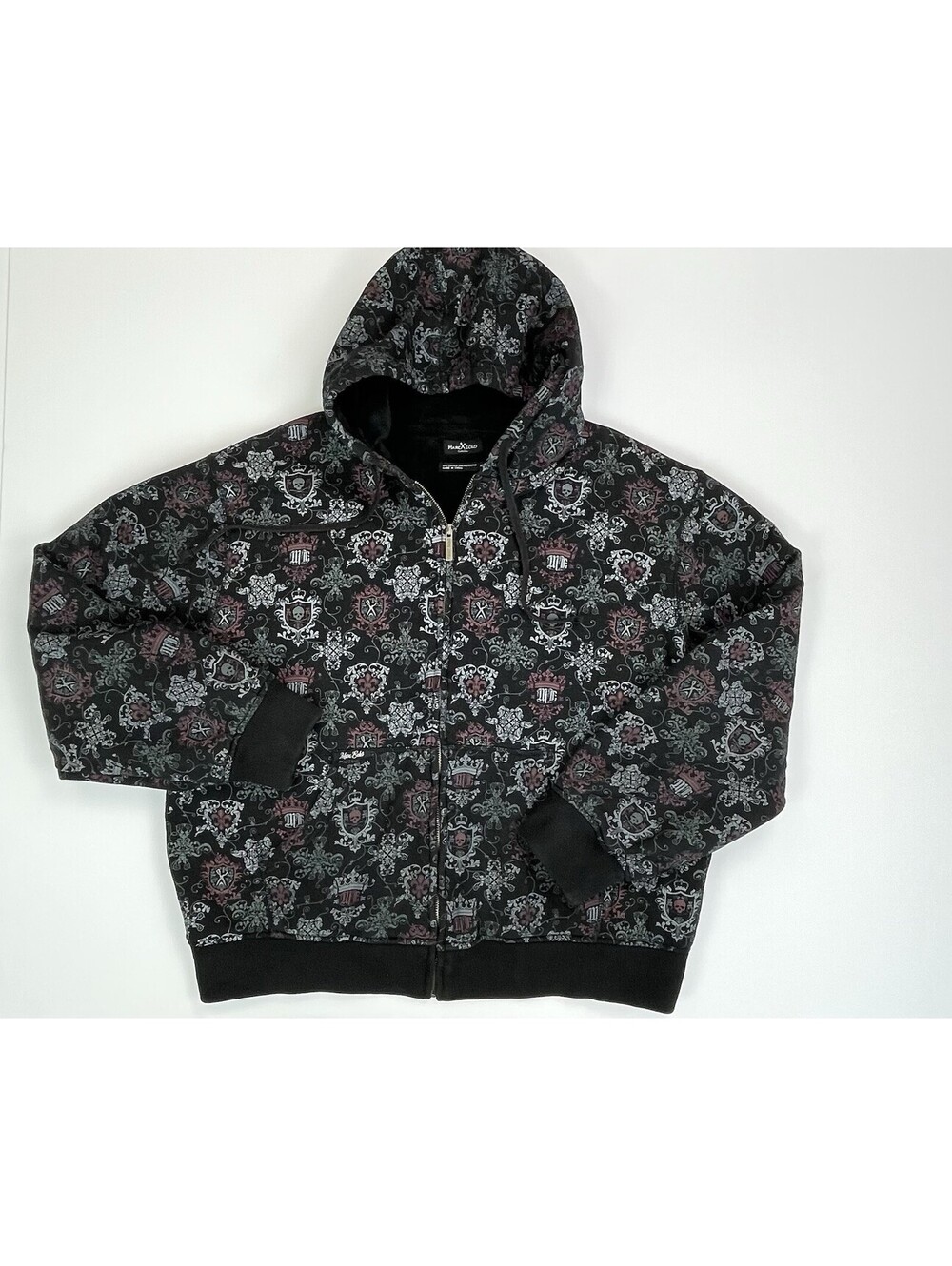 Marc Ecko Cut Sew Full Zip Hoodie Skull Crest Damask Print AOP Y2K XL